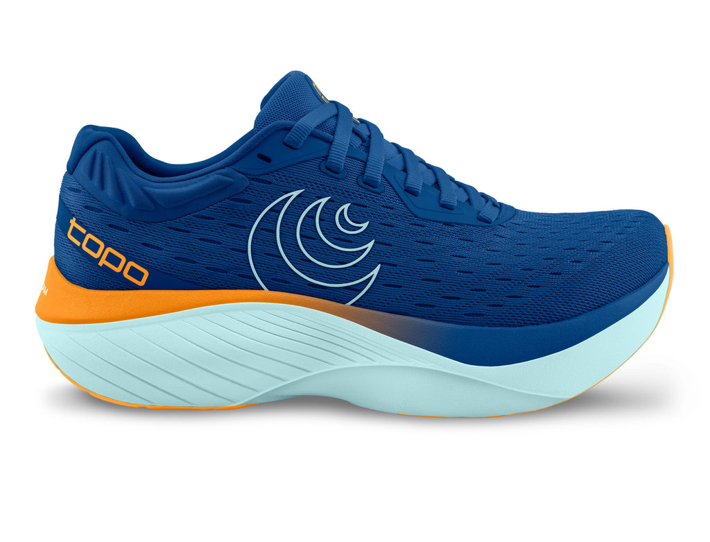 Men's Topo Atomos. Blue upper. White midsole. Lateral view.
