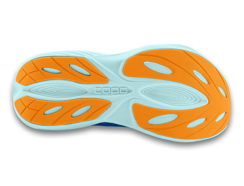 Men's Topo Atomos. Blue upper. White midsole. Bottom view.