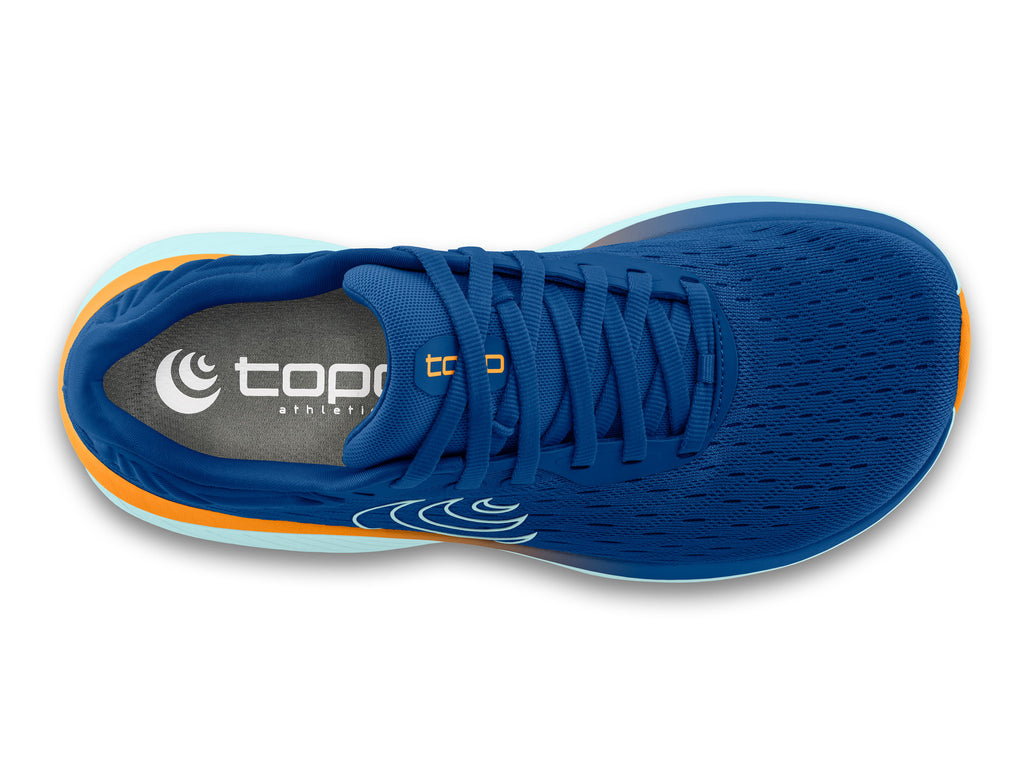 Men's Topo Atomos. Blue upper. White midsole. Top view.