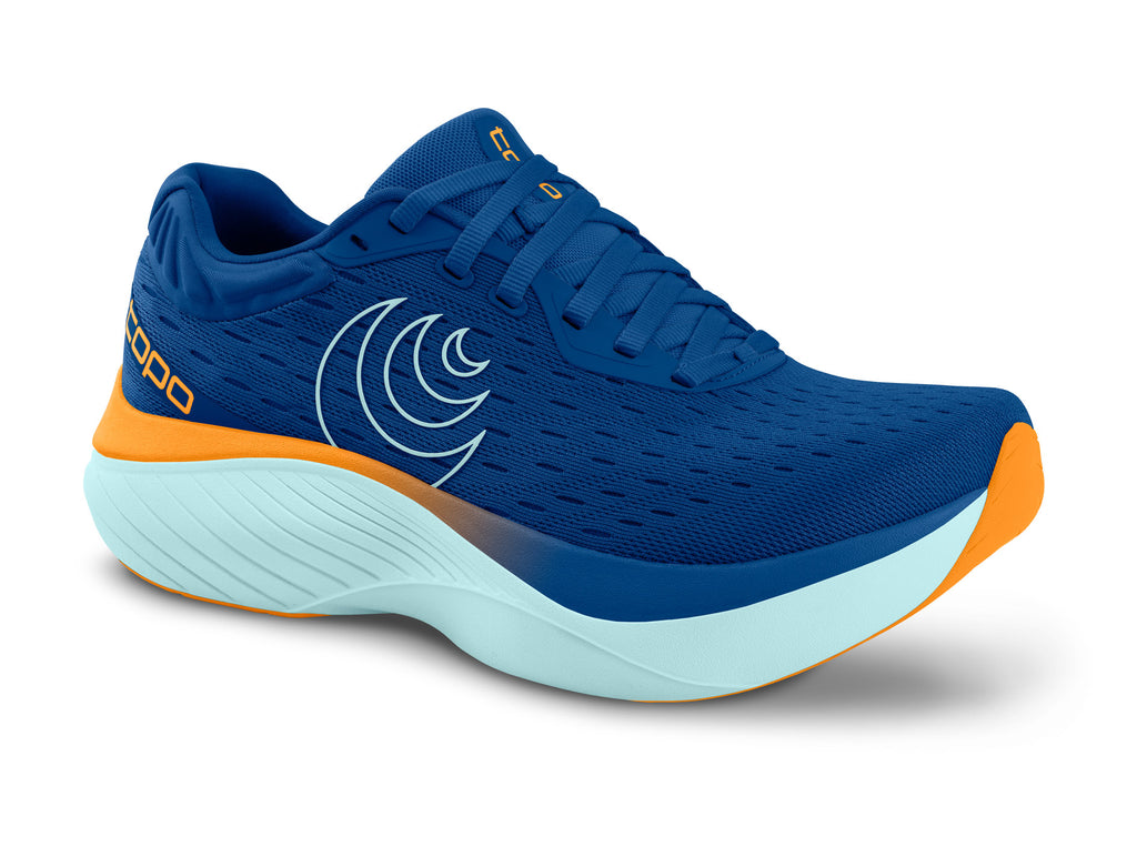 Men's Topo Atomos. Blue upper. White midsole. Lateral view.