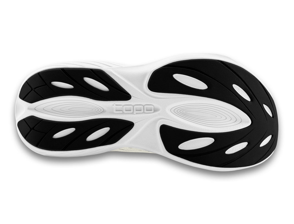 Men's Topo Atmos. Off White upper. White midsole. Bottom view.