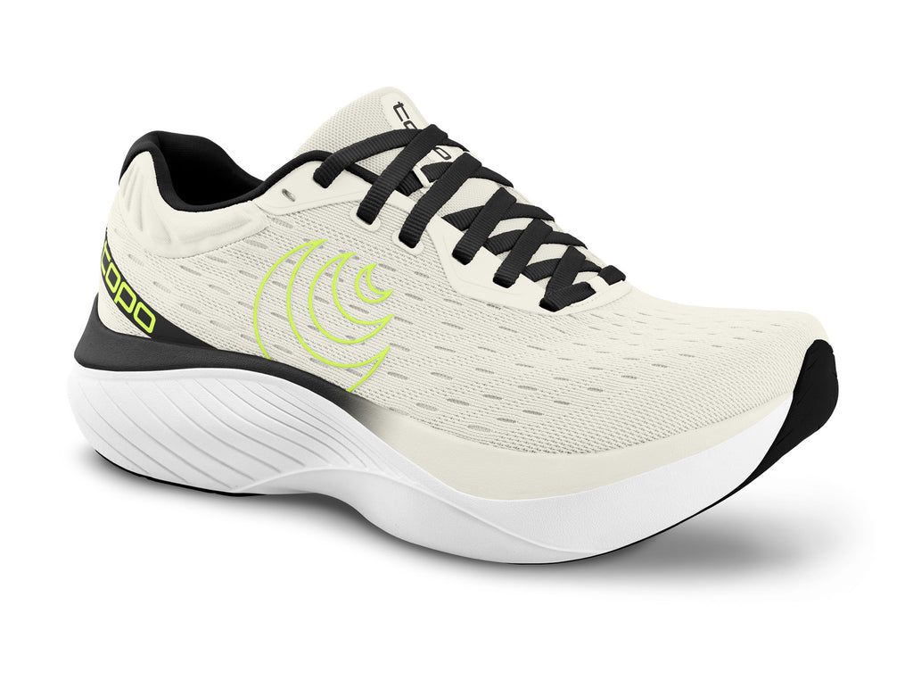 Men's Topo Atmos. Off White upper. White midsole. Lateral view.