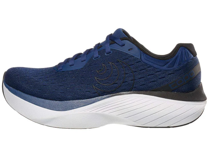 Men's Topo Athletic Atmos. Navy blue upper. White midsole. Lateral view.