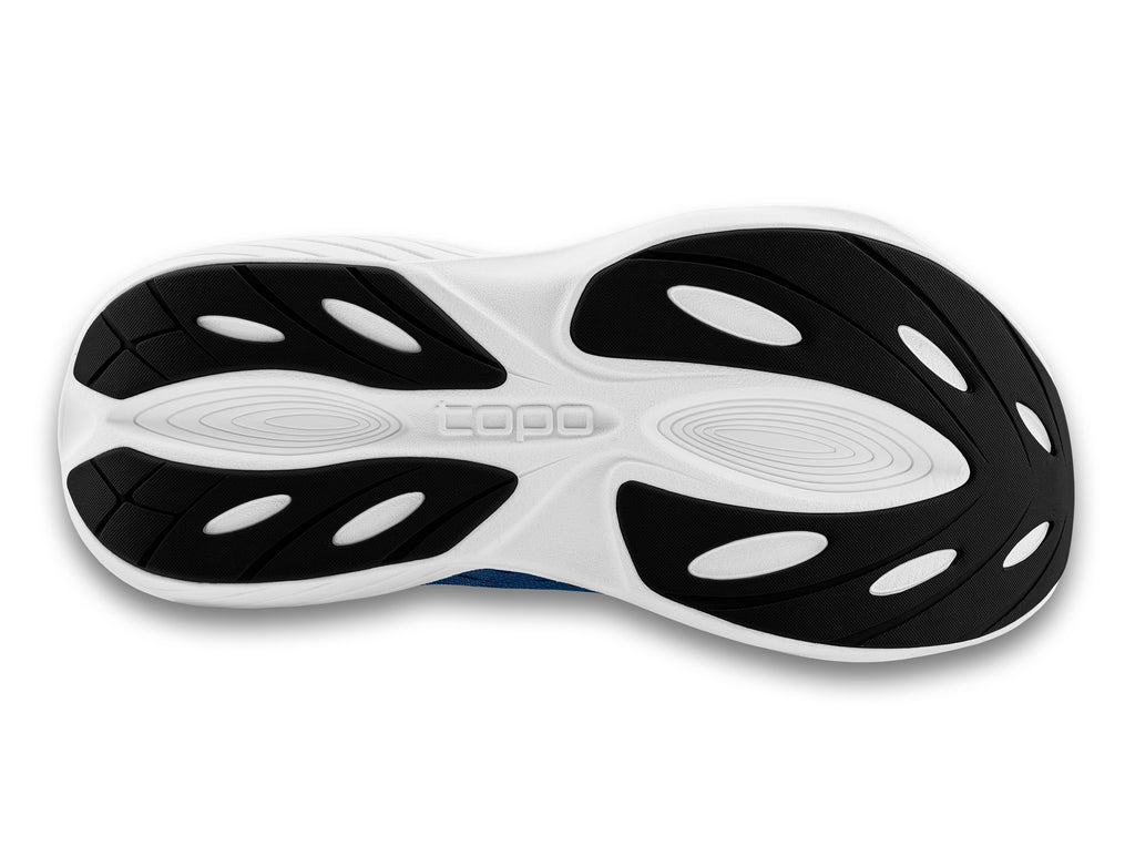 Men's Topo Athletic Atmos. Navy blue upper. White midsole. Bottom view.