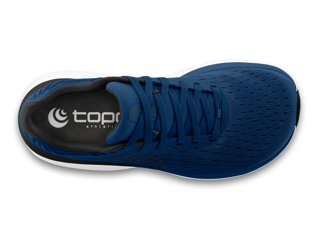 Men's Topo Athletic Atmos. Navy blue upper. White midsole. Top view.