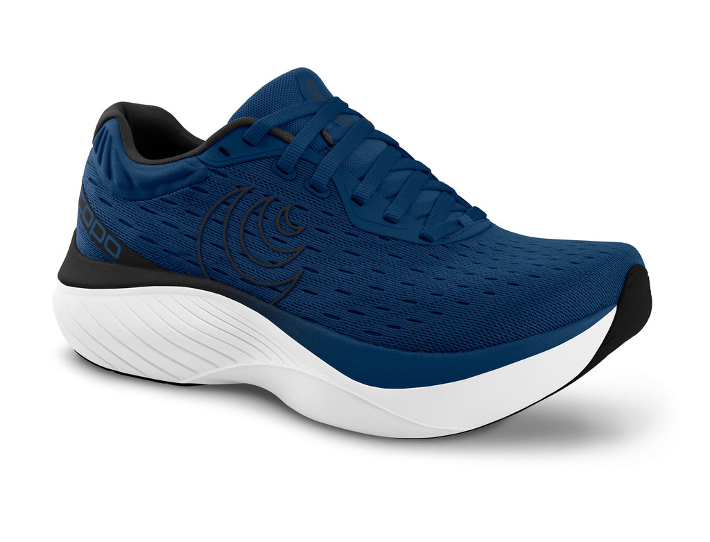 Men's Topo Athletic Atmos. Navy blue upper. White midsole. Lateral view.