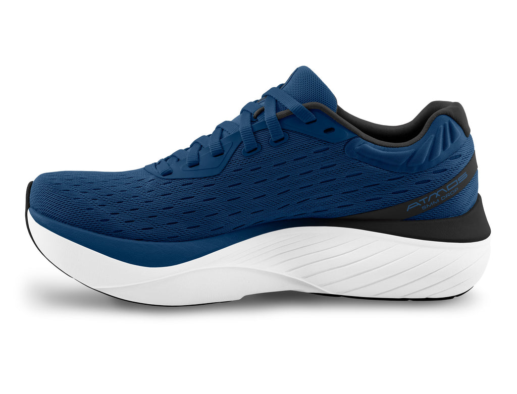 Men's Topo Athletic Atmos. Navy blue upper. White midsole. Medial view.