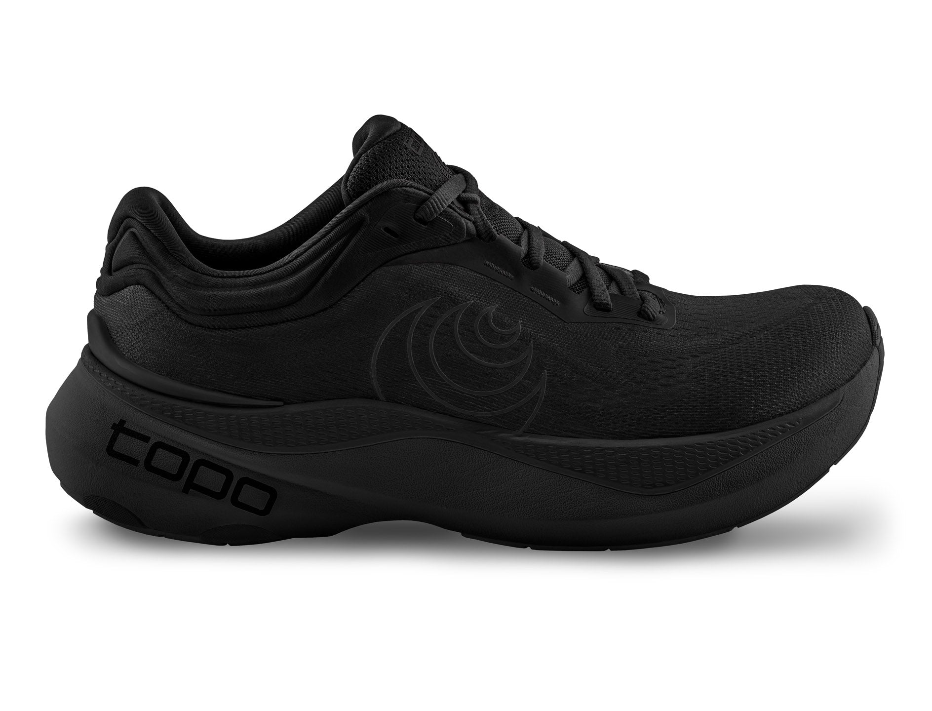 Men's Topo Aura 2. Black upper. Black midsole. Lateral view.