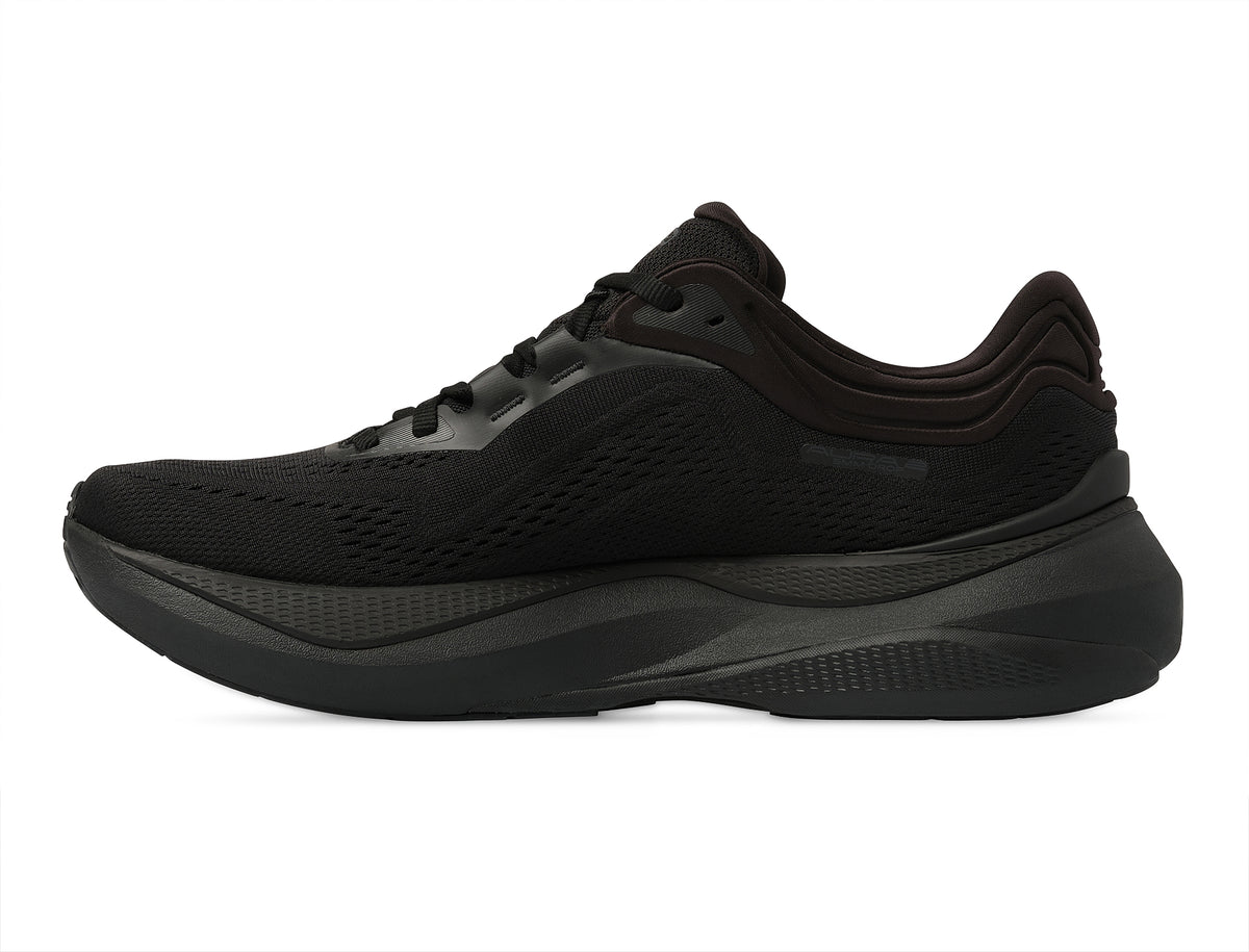 Men's Topo Aura 2. Black upper. Black midsole. Medial view.