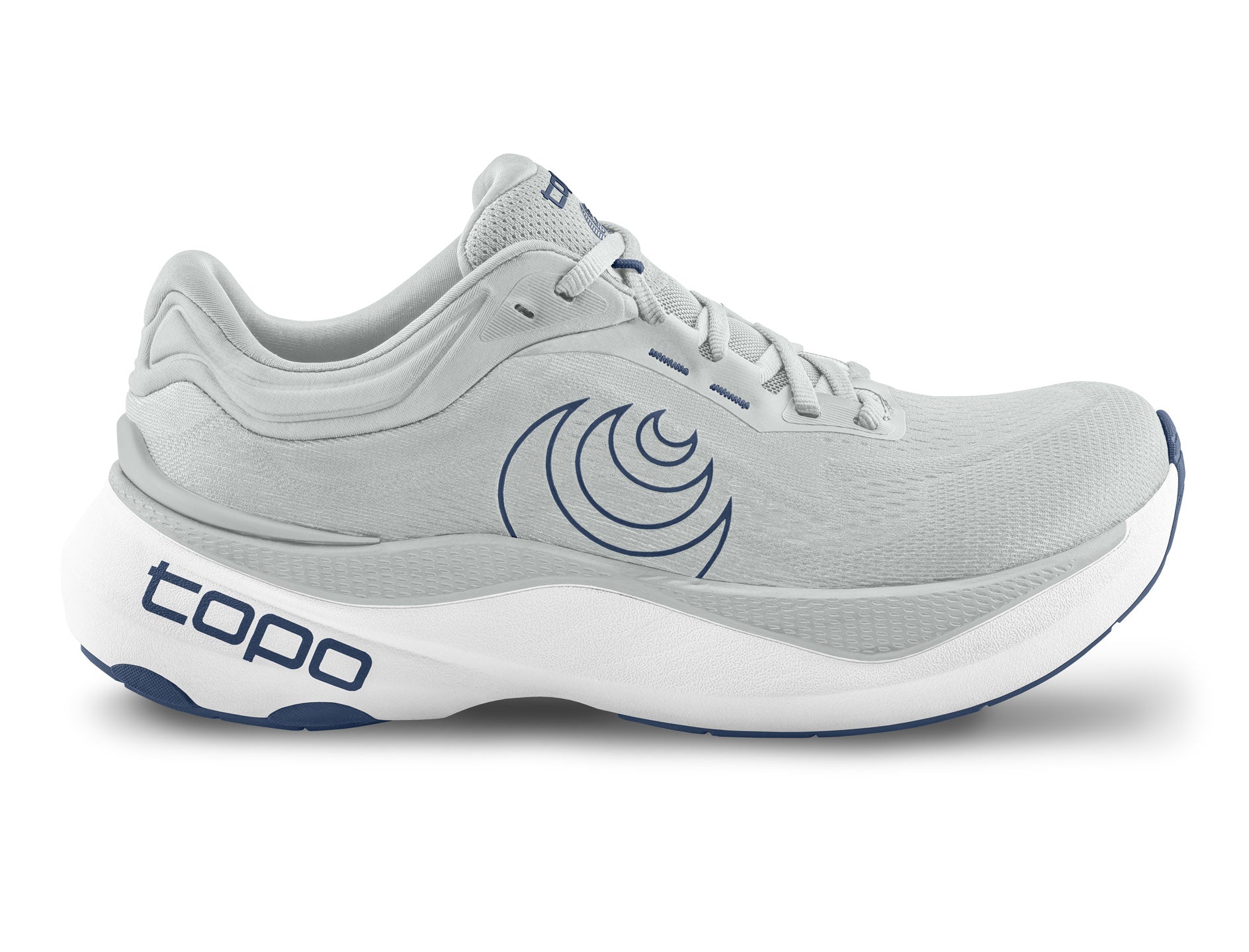Men's Topo Aura 2. Light Grey upper. White midsole. Lateral view.