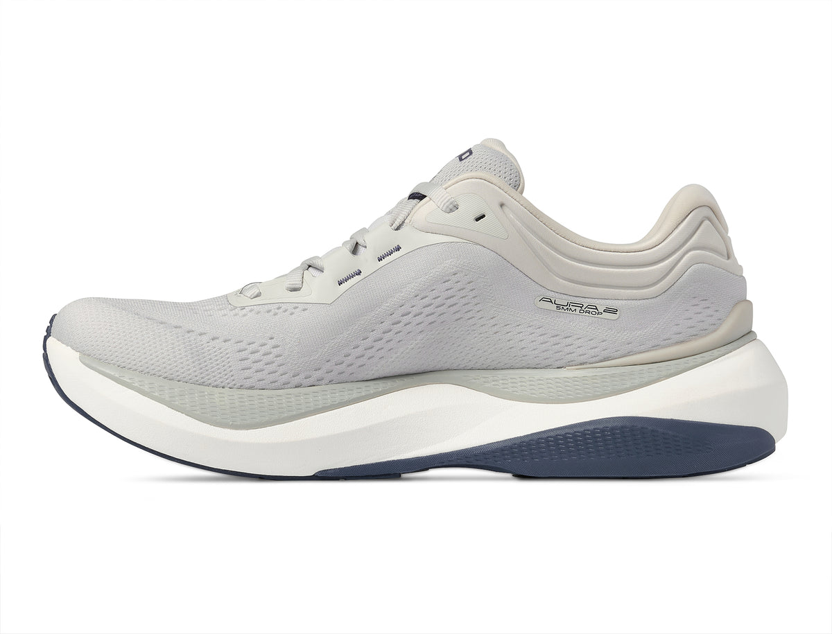 Men's Topo Aura 2. Light Grey upper. White midsole. Medial view.