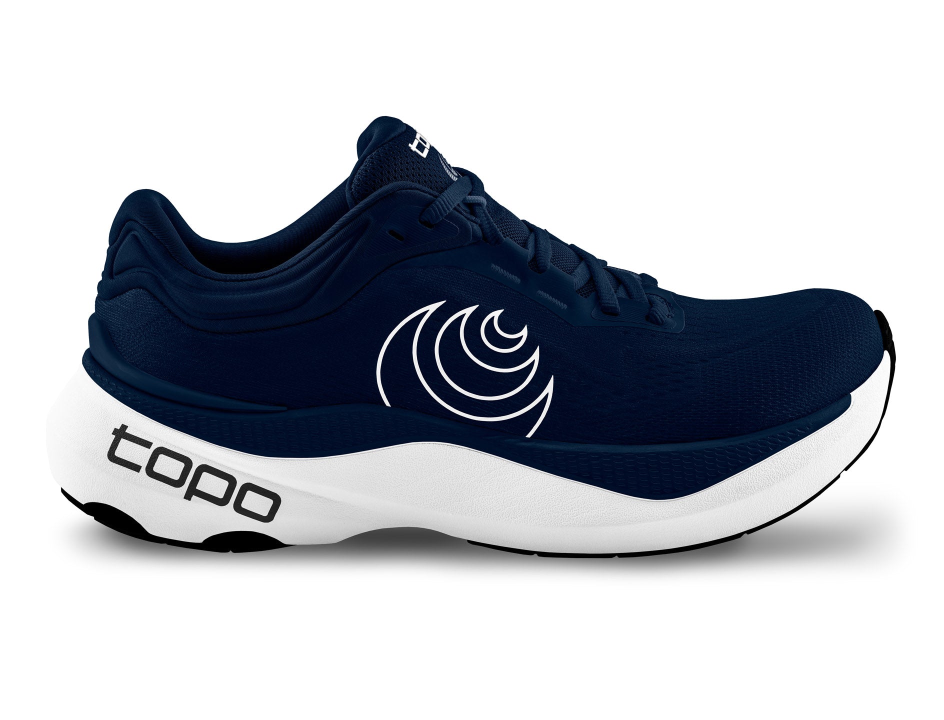 Men's Topo Aura 2. Navy upper. White midsole. Lateral view.