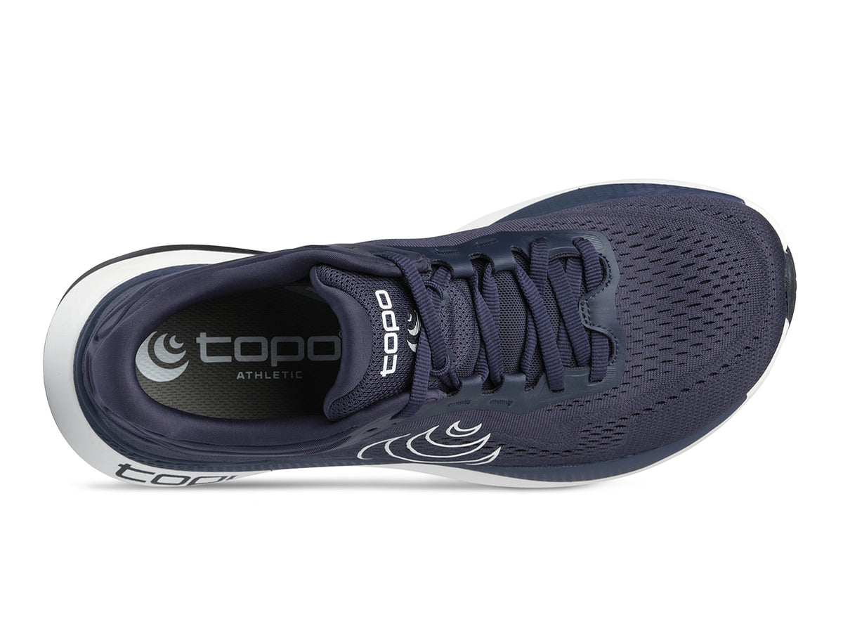 Men's Topo Aura 2. Navy upper. White midsole. Top view.