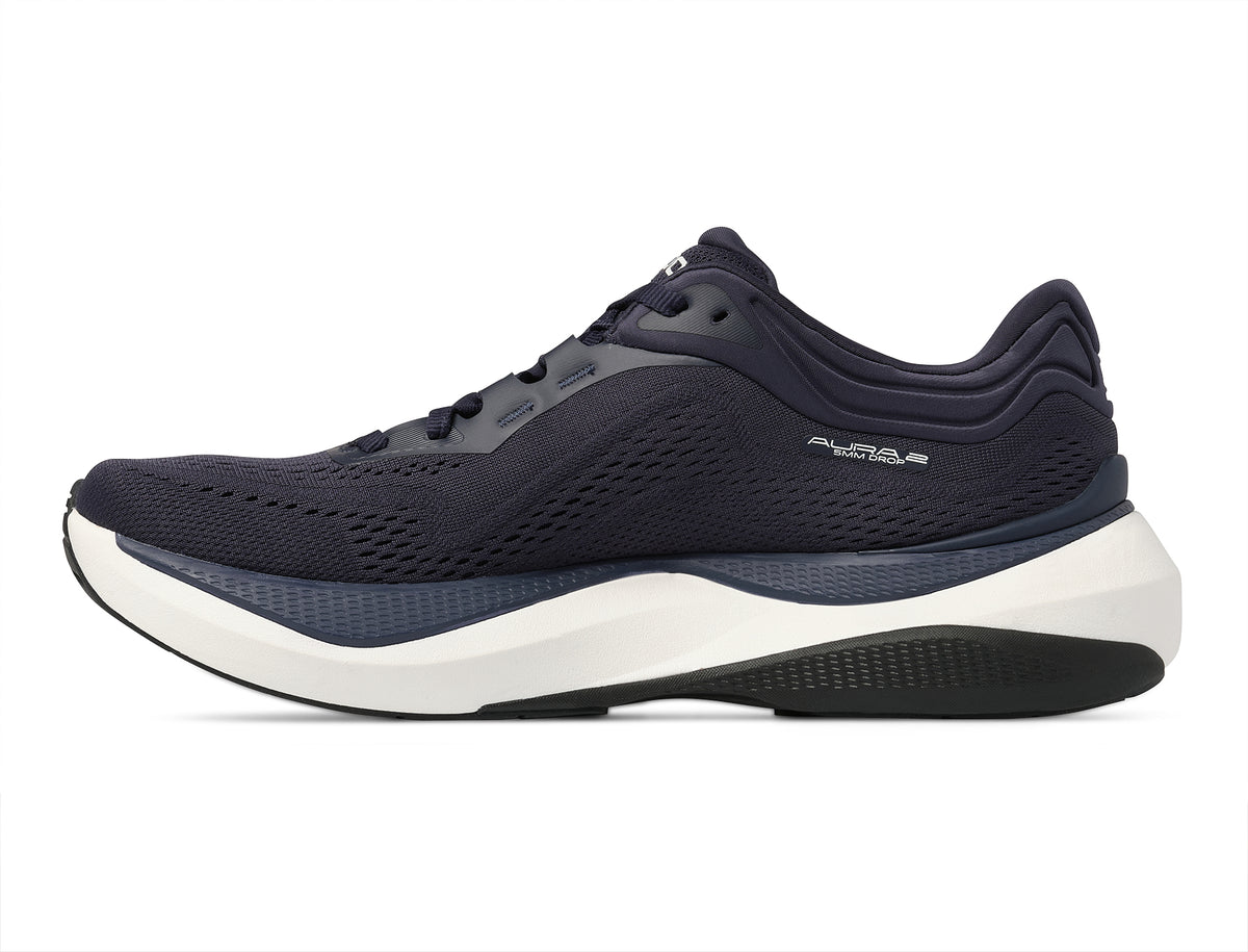Men's Topo Aura 2. Navy upper. White midsole. Medial view.