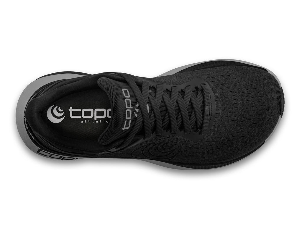 Men's Topo Aura. Black upper. Dark Grey midsole. Top view.