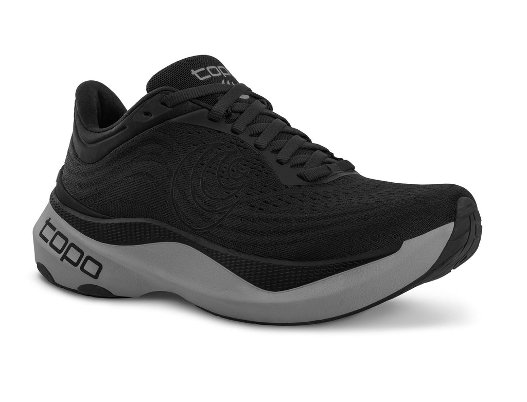 Men's Topo Aura. Black upper. Dark Grey midsole. Lateral view.
