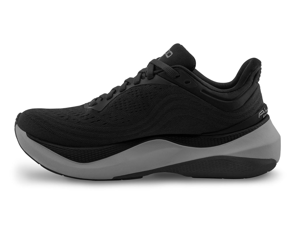 Men's Topo Aura. Black upper. Dark Grey midsole. Medial view.