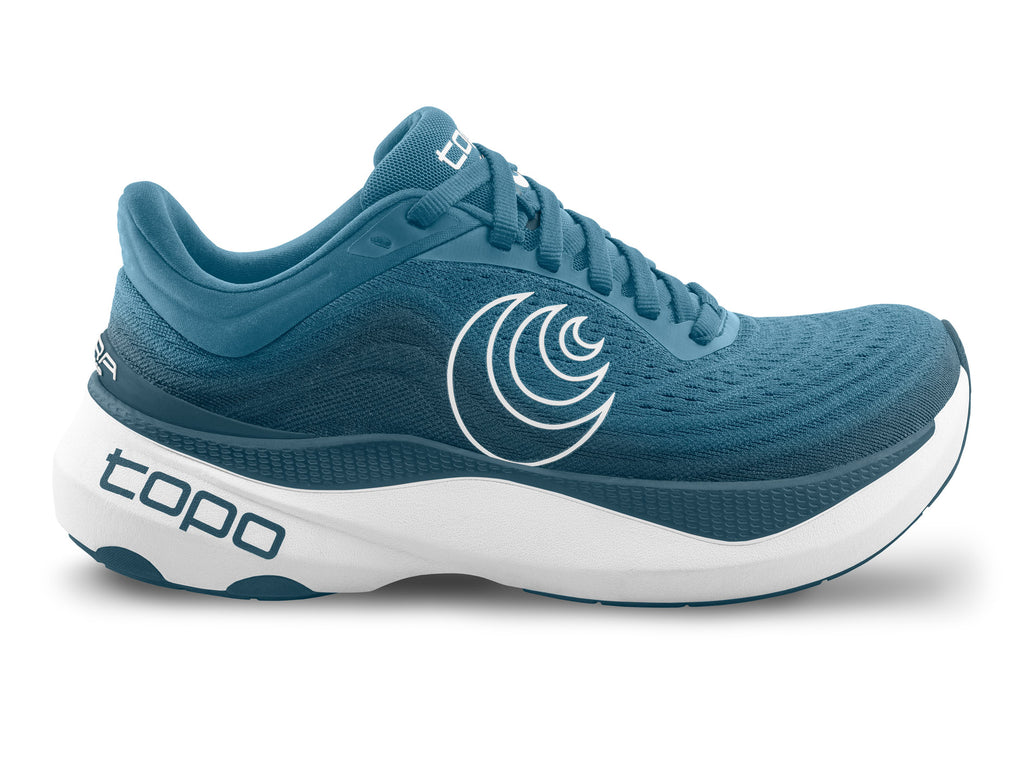 Men's Topo Aura. Blue upper. White midsole. Lateral view.