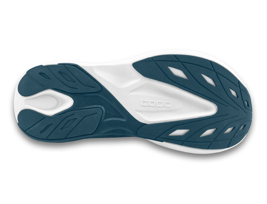 Men's Topo Aura. Blue upper. White midsole. Bottom view.