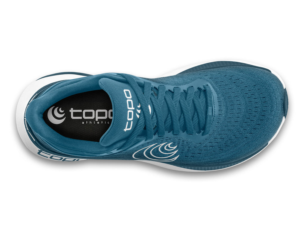 Men's Topo Aura. Blue upper. White midsole. Top view.