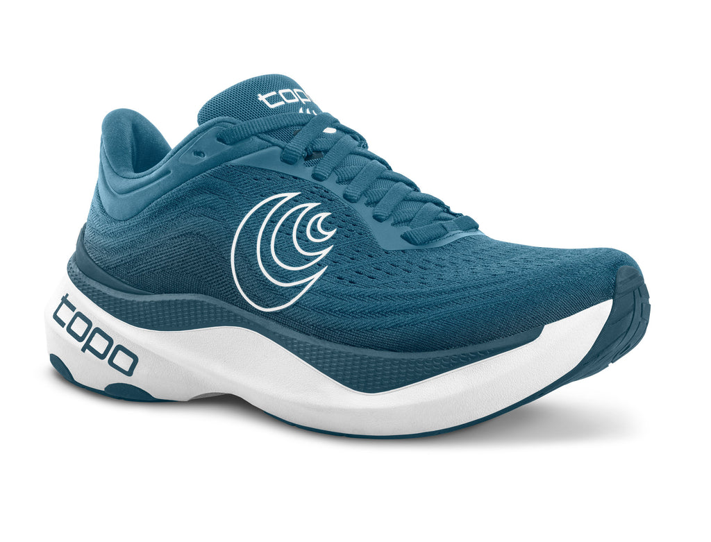 Men's Topo Aura. Blue upper. White midsole. Lateral view.