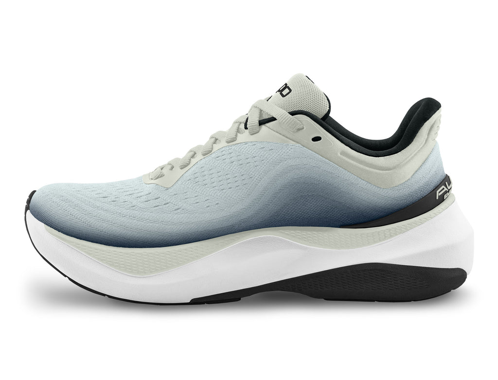 With Topo Aura. Light Grey upper. White midsole. Medial view.