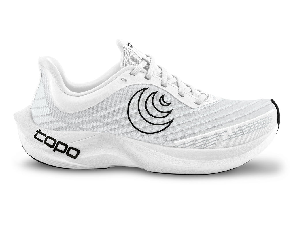Men's Topo Cyclone 2. White upper. White midsole. Lateral view.