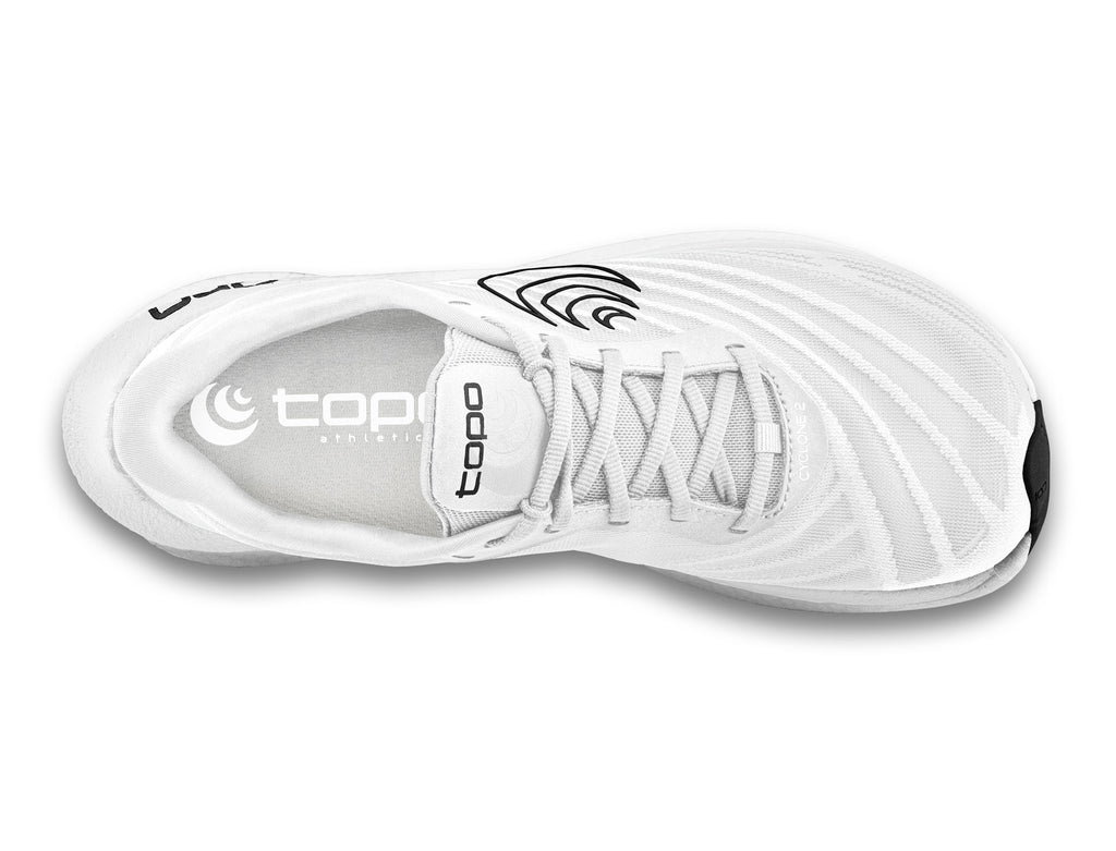 Men's Topo Cyclone 2. White upper. White midsole. Top view.
