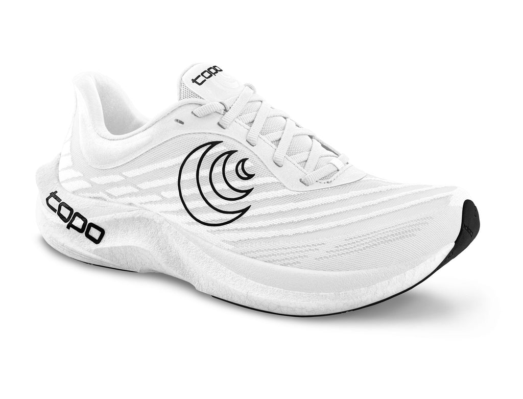 Men's Topo Cyclone 2. White upper. White midsole. Lateral view.