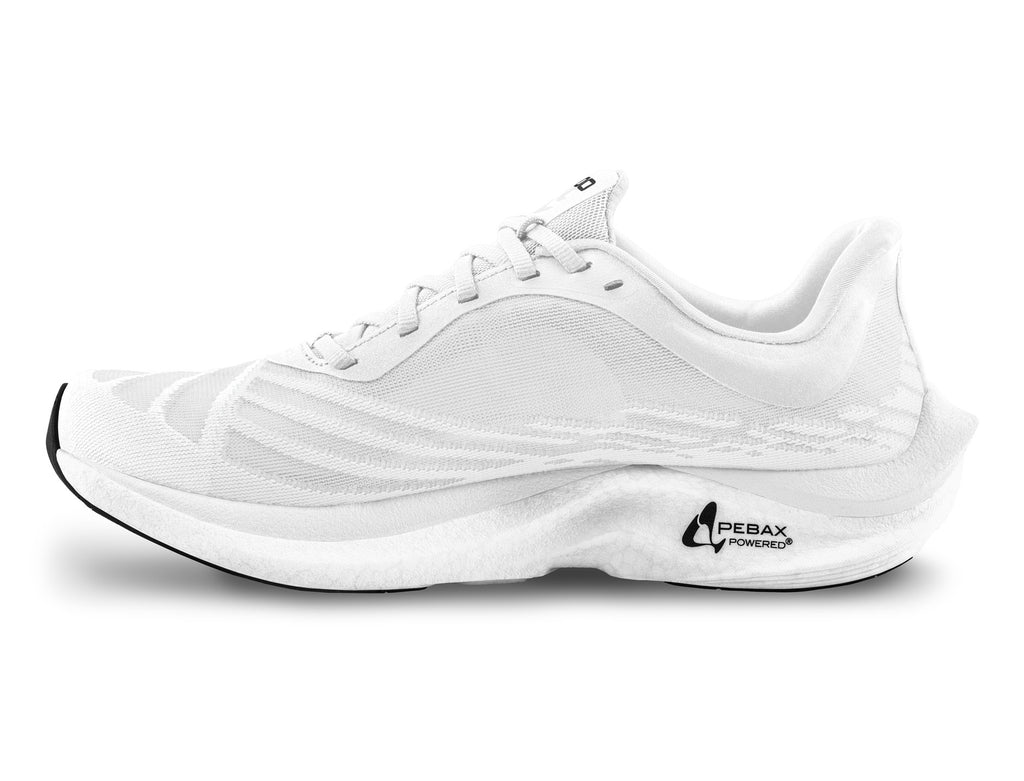 Men's Topo Cyclone 2. White upper. White midsole. Medial view.