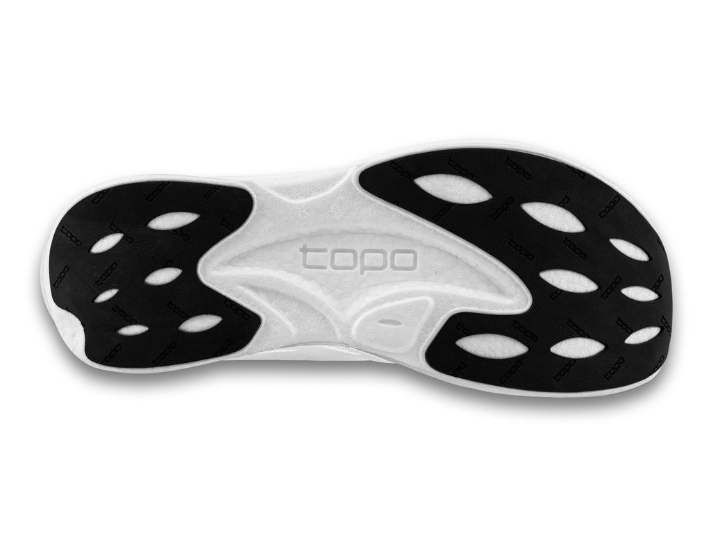 Men's Topo Cyclone 2. White upper. White midsole. Bottom view.