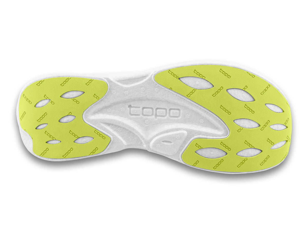 Men's Topo Cyclone 3. Black upper. White midsole. Bottom view.