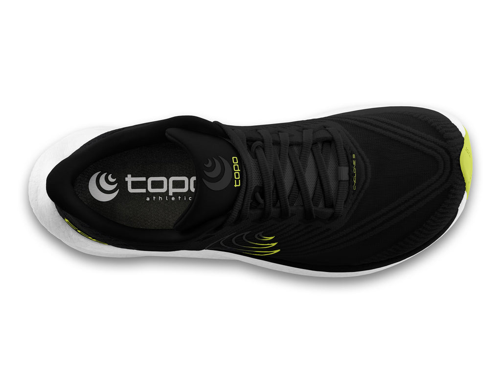 Men's Topo Cyclone 3. Black upper. White midsole. Top view.