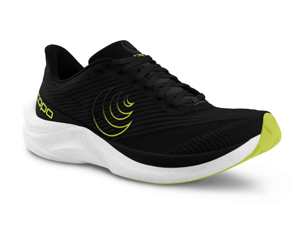 Men's Topo Cyclone 3. Black upper. White midsole. Lateral view.