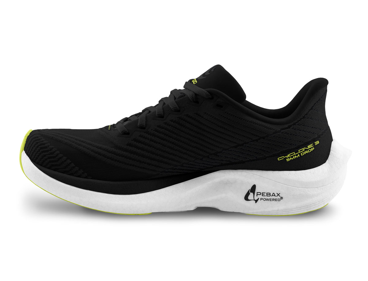 Men's Topo Cyclone 3. Black upper. White midsole. Medial view.