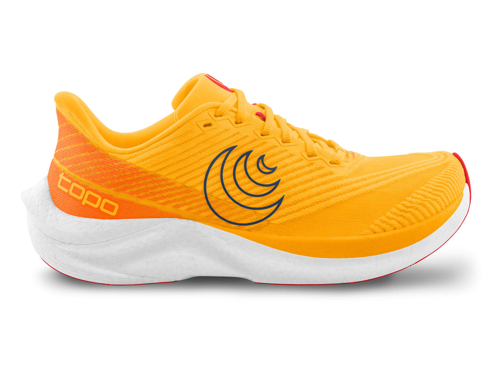 Men's Topo Cyclone 3. Orange upper. White midsole. Lateral view.