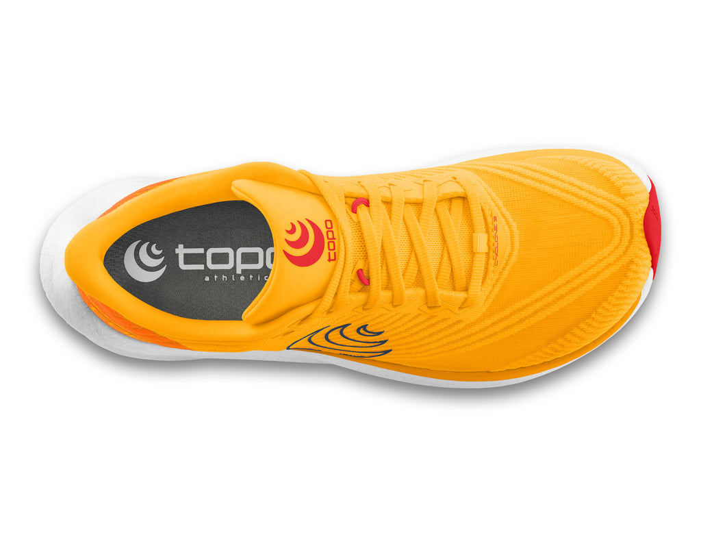 Men's Topo Cyclone 3. Orange upper. White midsole. Top view.