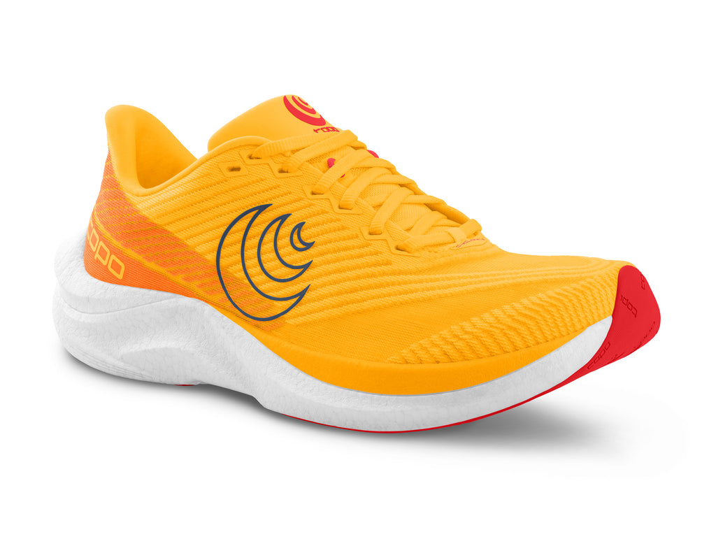 Men's Topo Cyclone 3. Orange upper. White midsole. Lateral view.