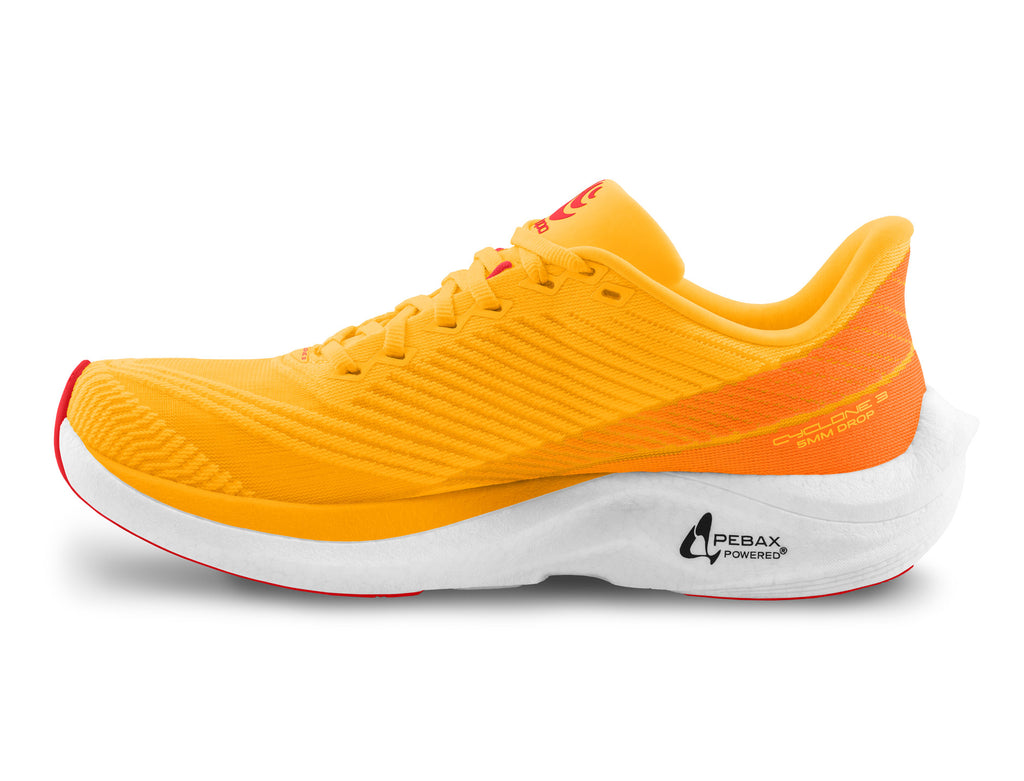 Men's Topo Cyclone 3. Orange upper. White midsole. Medial view.