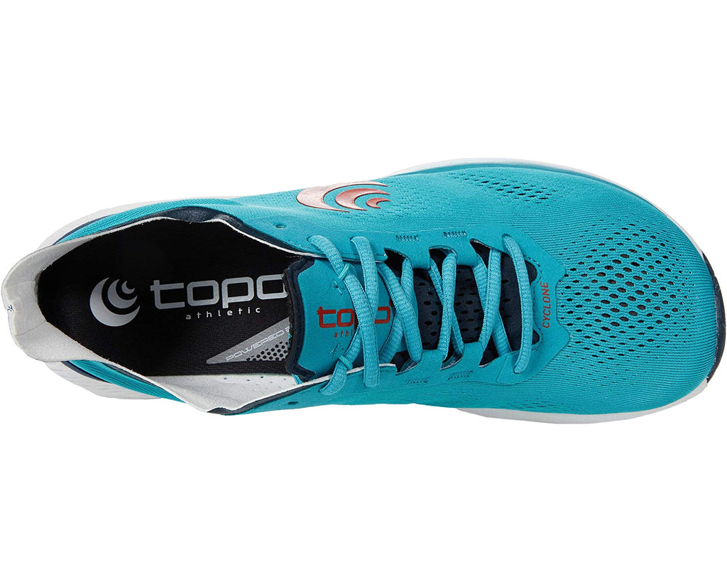 Men's Topo Athletic Cyclone. Blue/green upper. White midsole. Top view.