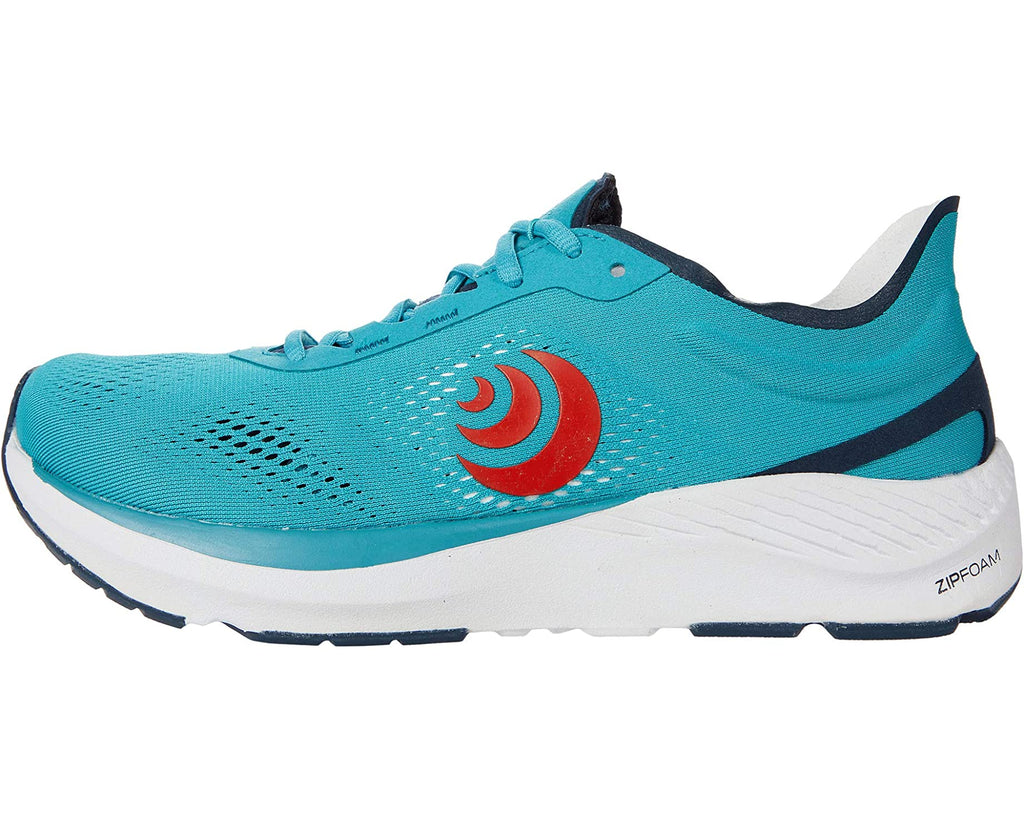 Men's Topo Athletic Cyclone. Blue/green upper. White midsole. Lateral view.