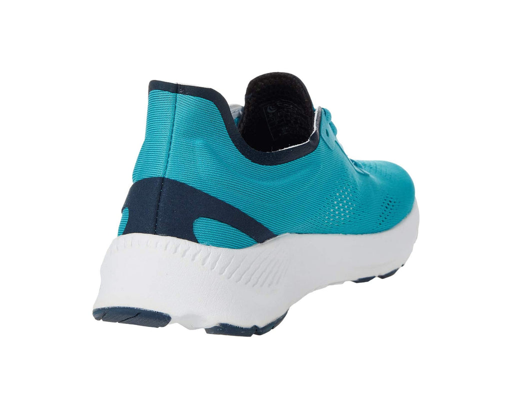 Men's Topo Athletic Cyclone. Blue/green upper. White midsole. Back view.
