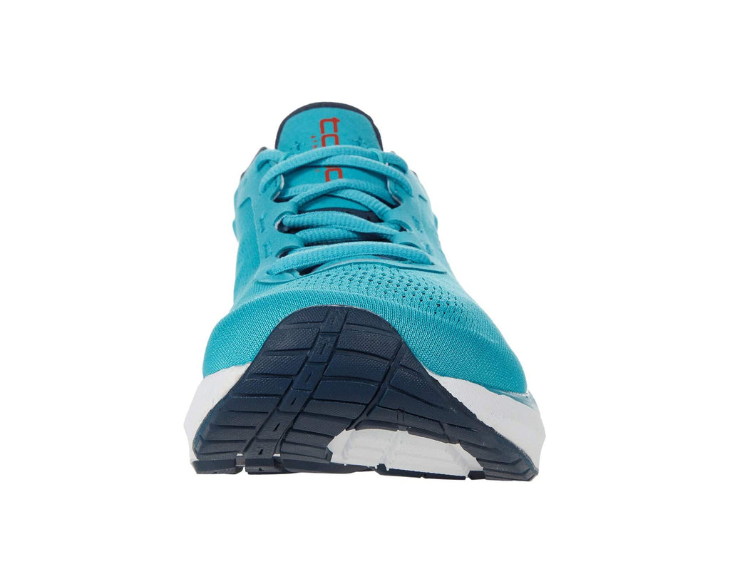 Men's Topo Athletic Cyclone. Blue/green upper. White midsole. Front view.