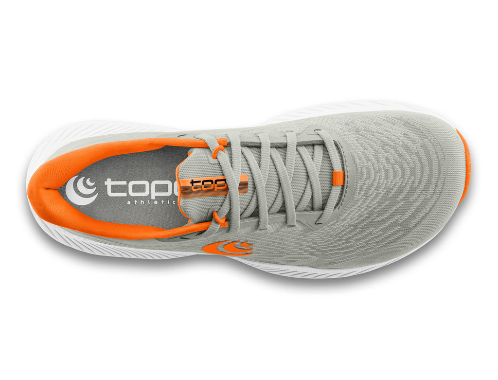 Men's Topo Fli-Lyte 5. Grey upper. White midsole. Top view.
