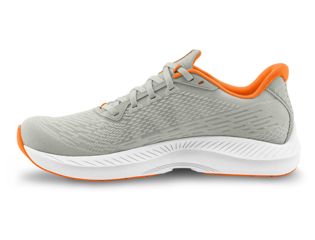 Men's Topo Fli-Lyte 5. Grey upper. White midsole. Medial view.