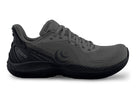 Men's Topo Fli-Lyte 6. Dark Grey upper. Black midsole. Lateral view.