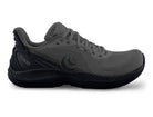 Men's Topo Fli-Lyte 6. Dark Grey upper. Black midsole. Lateral view.