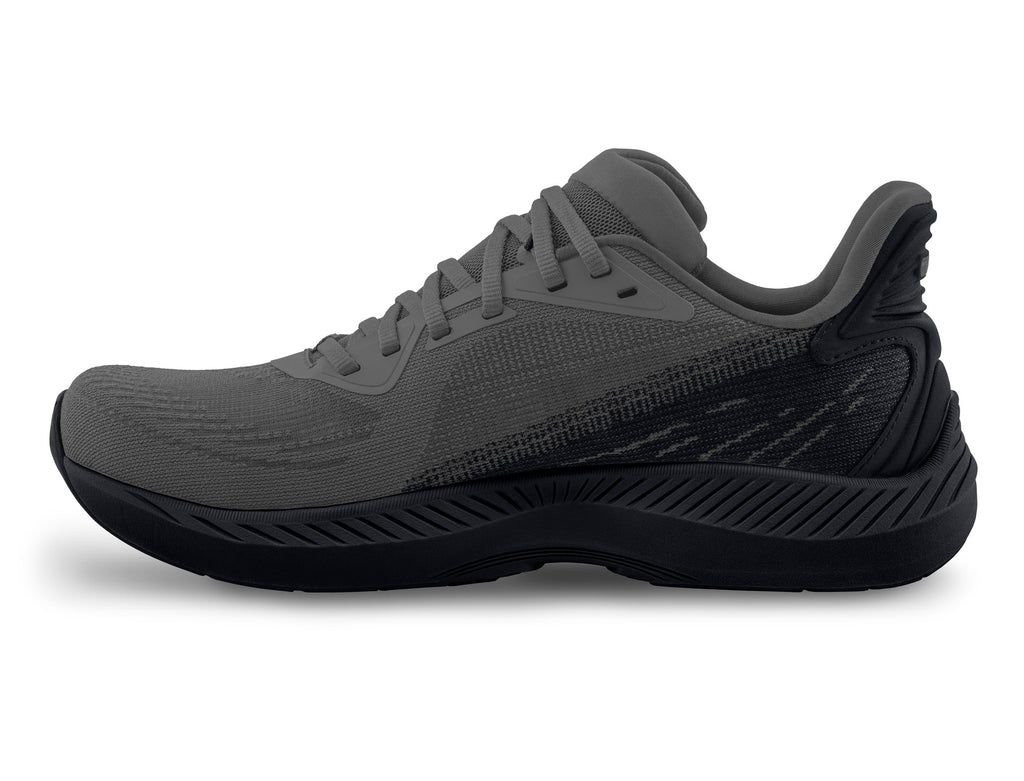 Men's Topo Fli-Lyte 6. Dark Grey upper. Black midsole. Medial view.