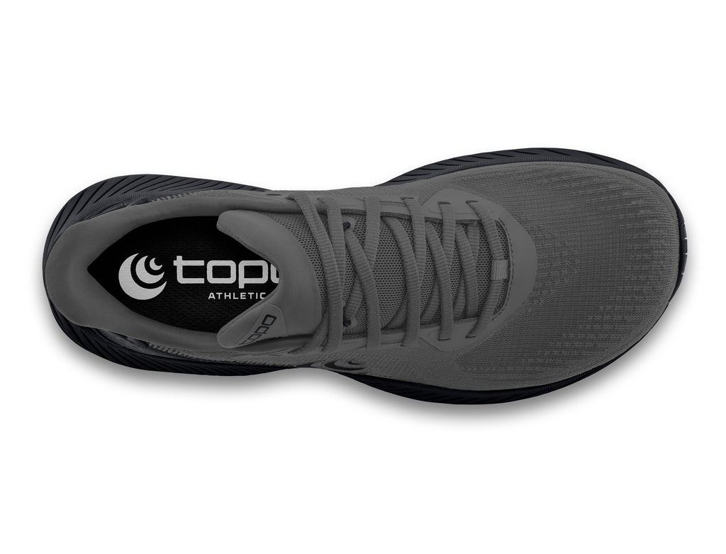 Men's Topo Fli-Lyte 6. Dark Grey upper. Black midsole. Top view.