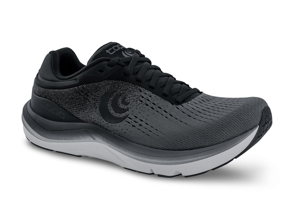 Men's Topo Magnifly 5. Grey upper. White midsole. Lateral view.